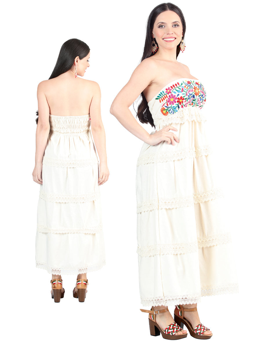 Mexican Artisanal Embroidered Dress Beige