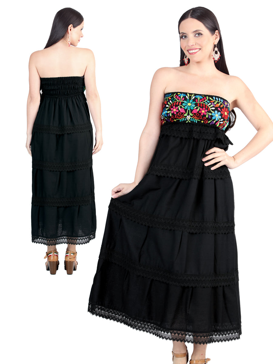 Mexican Artisanal Embroidered Long Dress Cotton Black