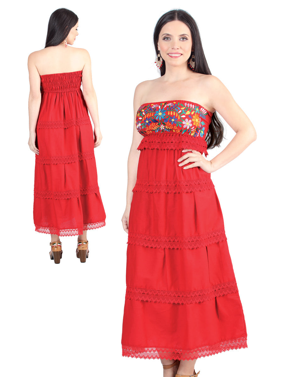 Mexican Artisanal Embroidered Long Dress Cotton Red