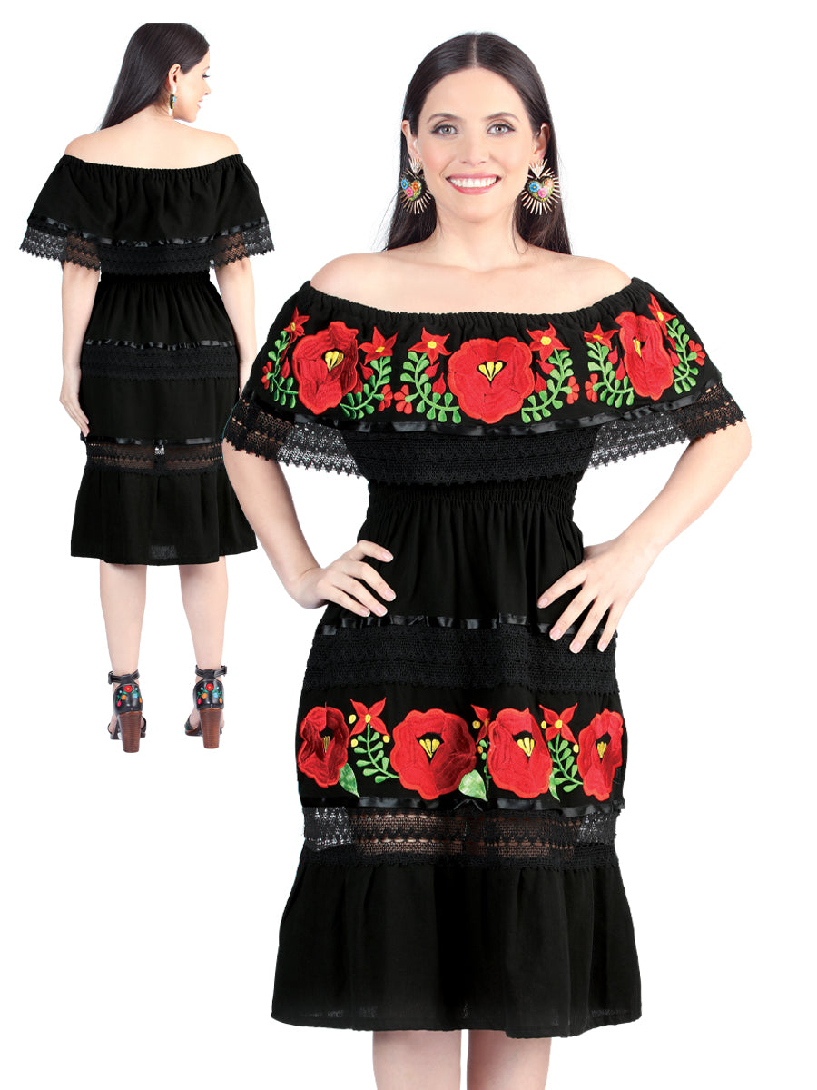 Artisanal Embroidered Dress Black With Flowers