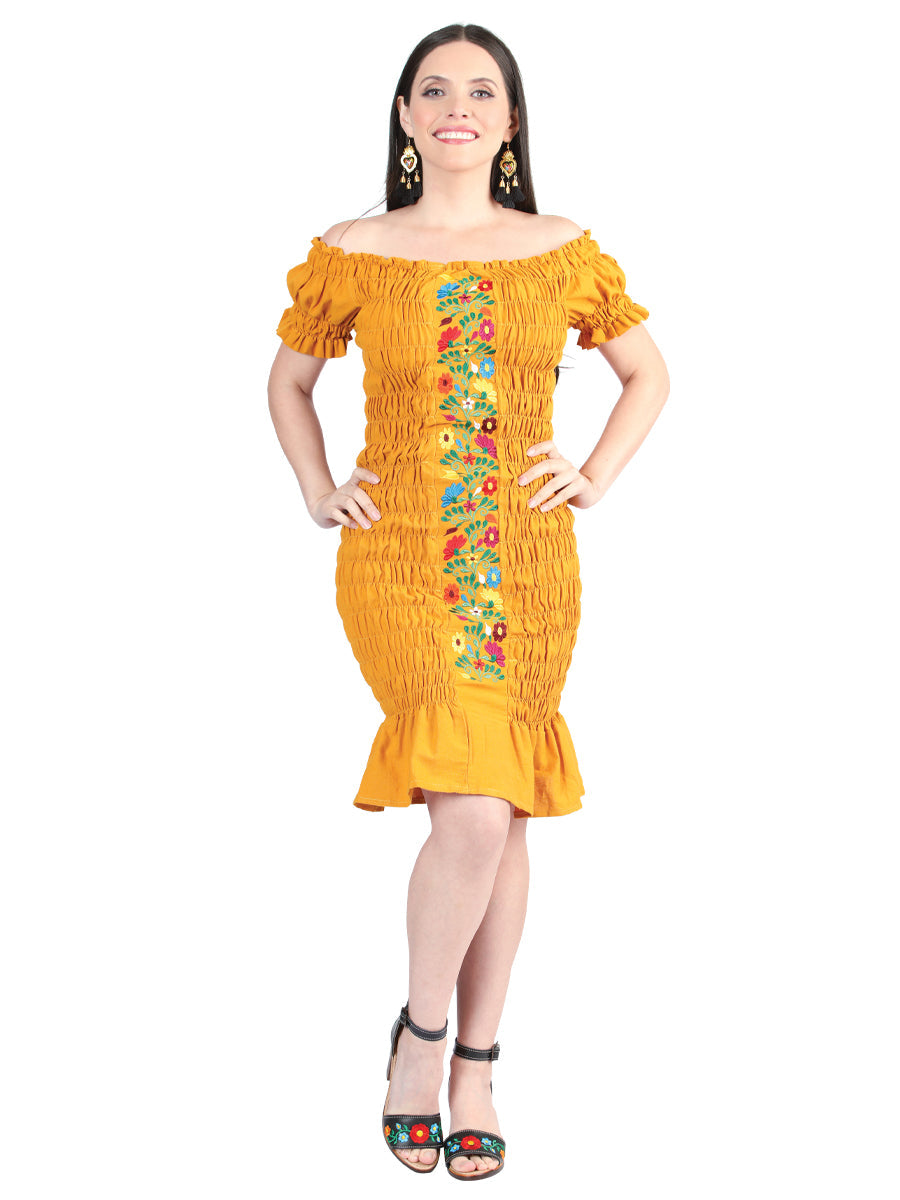 Artisanal Embroidered Dress Cotton Mustard