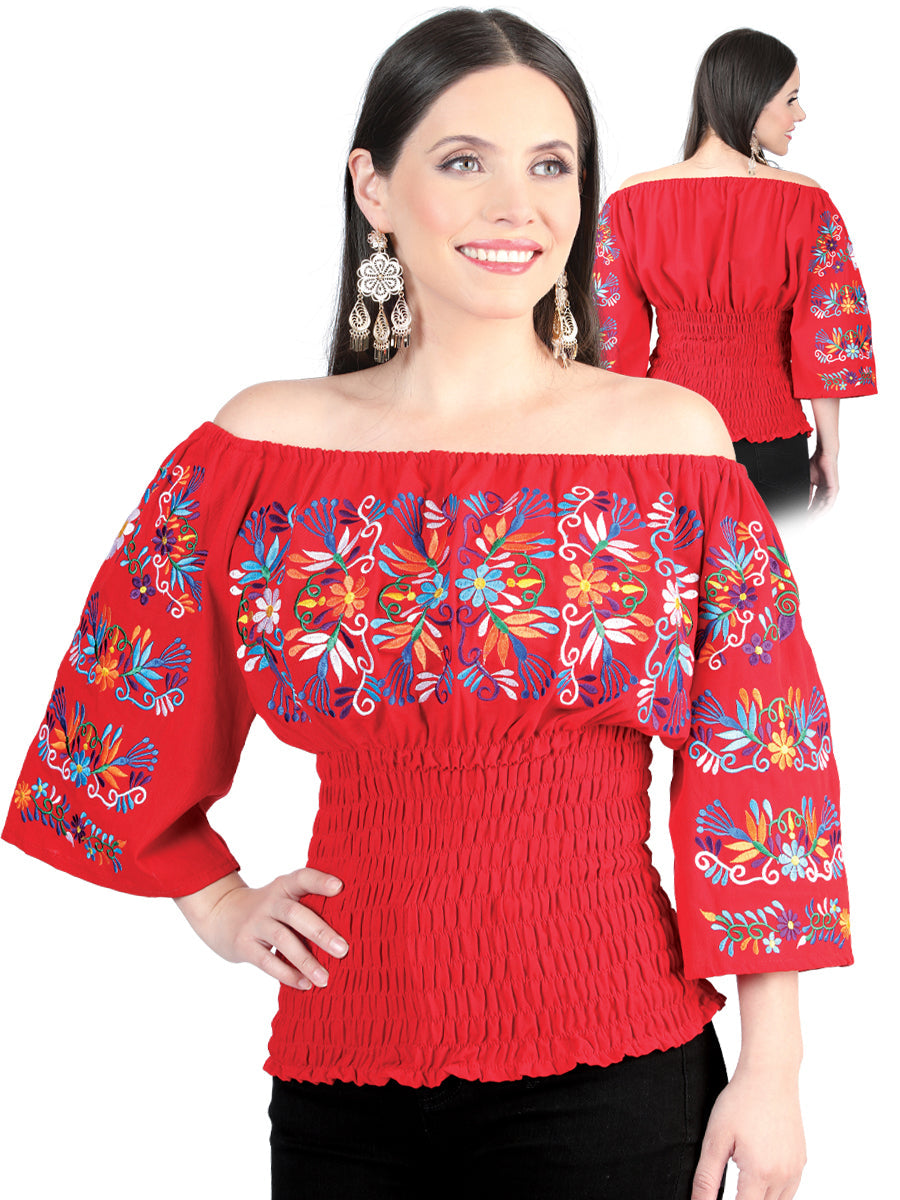 Artisanal Embroidered Floral Blouse Cotton Red