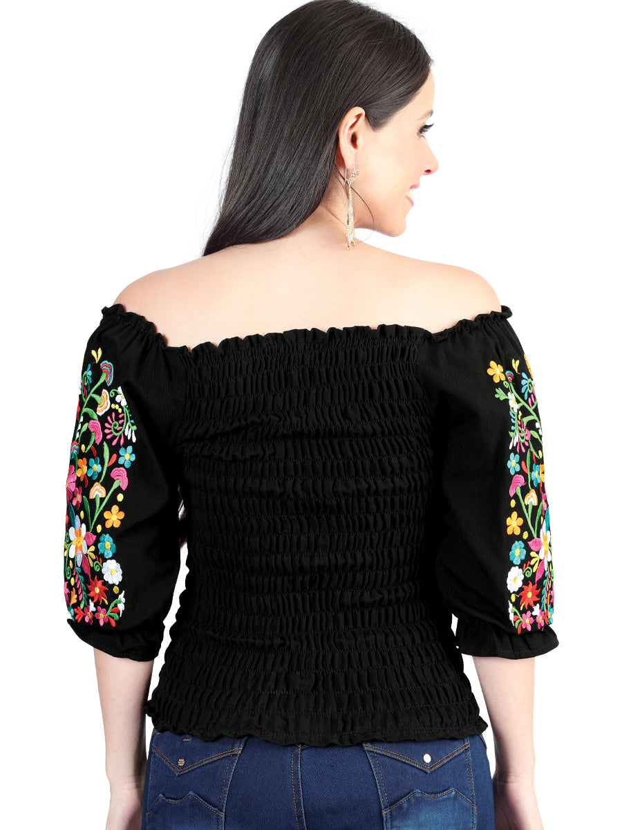 Artisanal Embroidered Blouse Cotton Black with Colorful Flowers