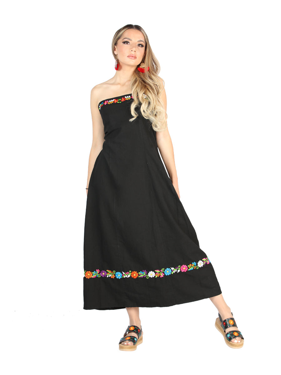 Artisanal Embroidered Dress Black Cotton