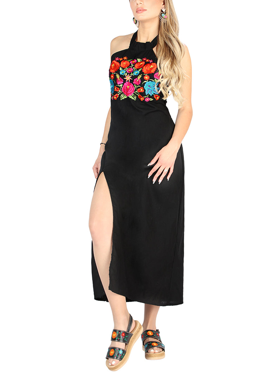 Artisanal Embroidered Dress Cotton Black Mod. 604056