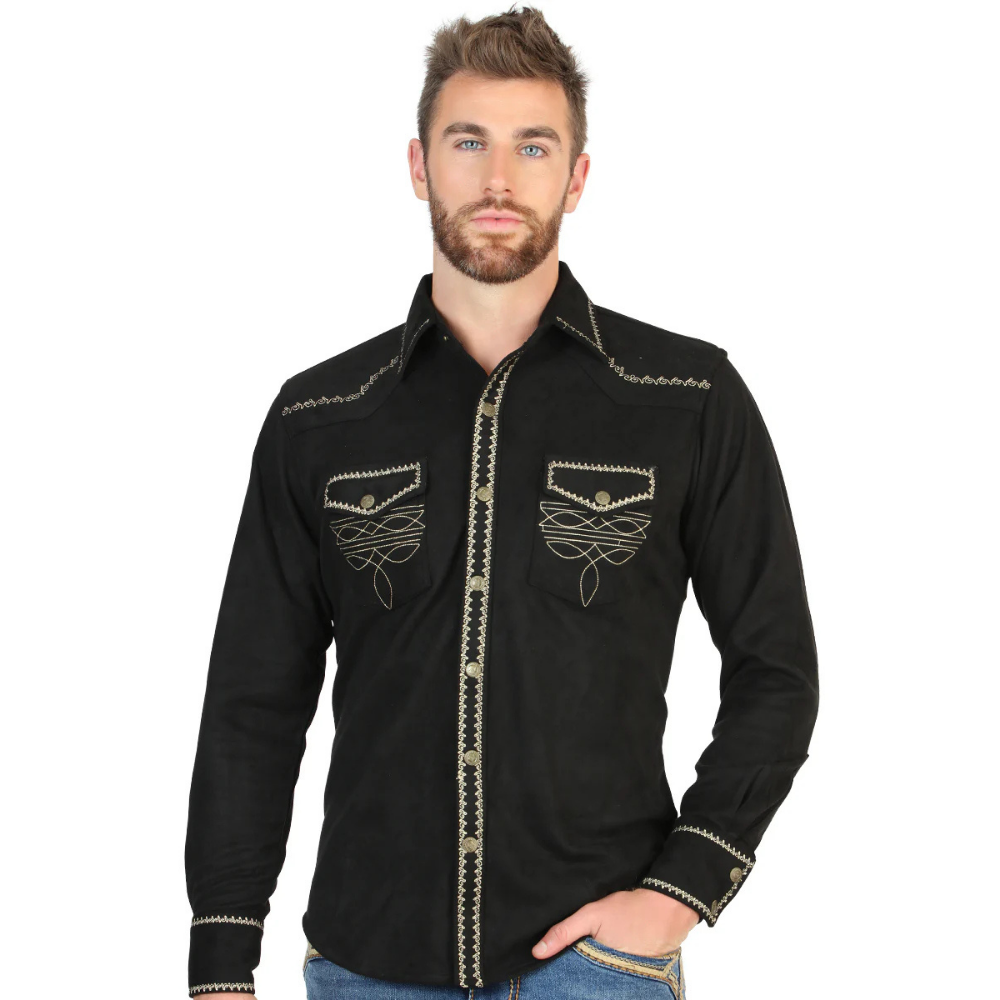 El General Men’s Long Sleeve Western Shirt Suede - Black