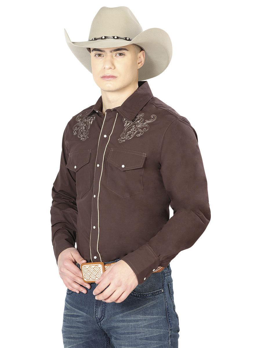 Camisa marrón de manga larga estilo western