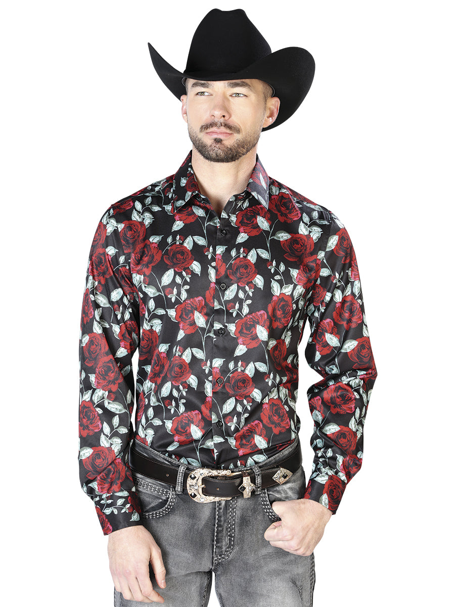 black dress shirt with red roses Mens Embroidered Rose Black Shirts