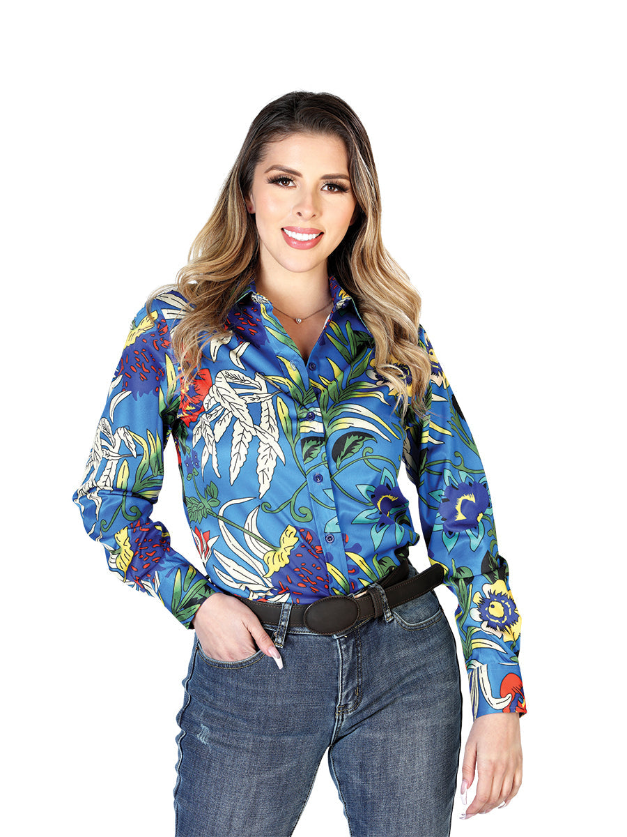 Camisa vaquera de manga larga azul real para mujer