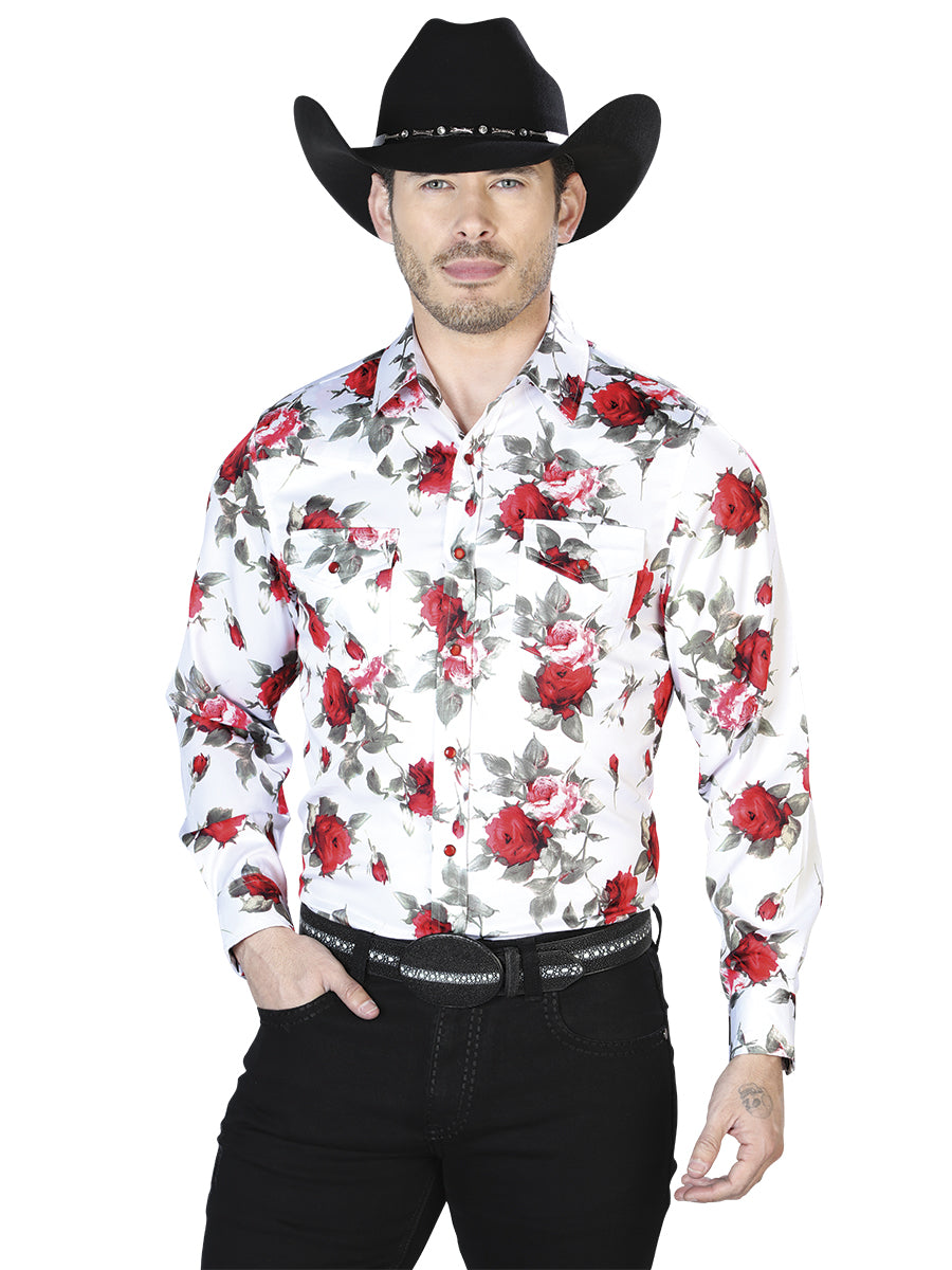 Camisa informal de manga larga con rosas blancas