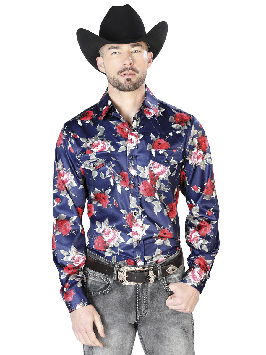 Blue Flower Print Casual Long Sleeve Shirt