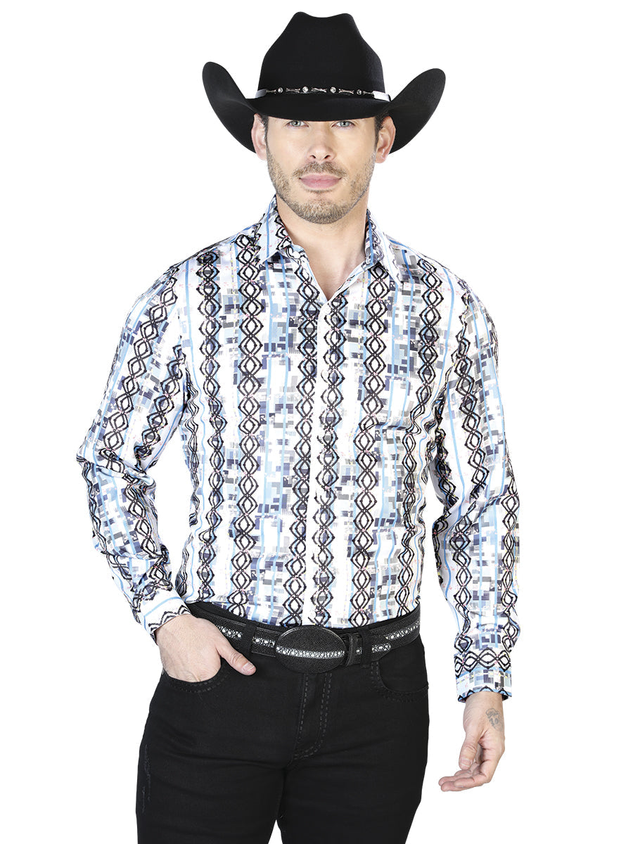 Camisa casual de manga larga blanca y azul