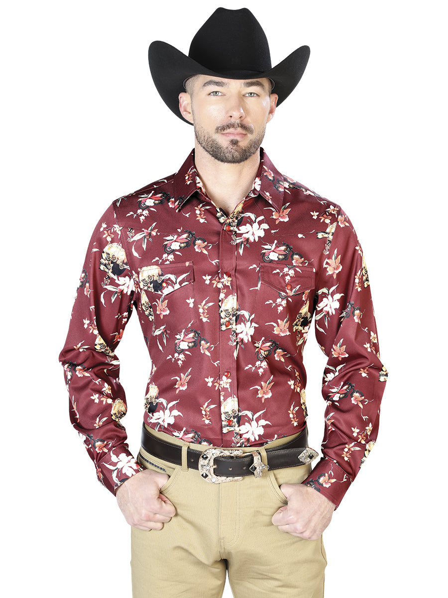 Camisas casuales de manga larga con flores color burdeos