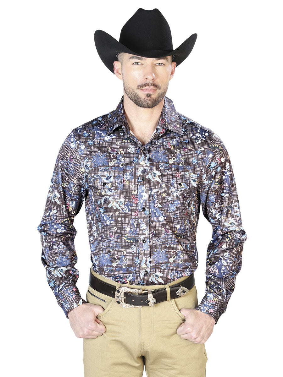 Camisa informal de manga larga con estampado floral azul marino