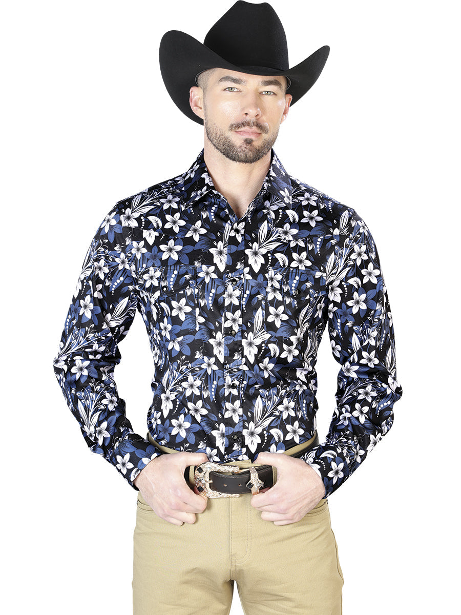 Camisa casual de manga larga con flores azules