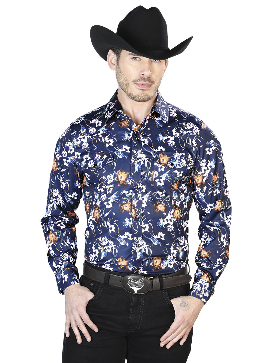 Camisa casual de manga larga con flores azules