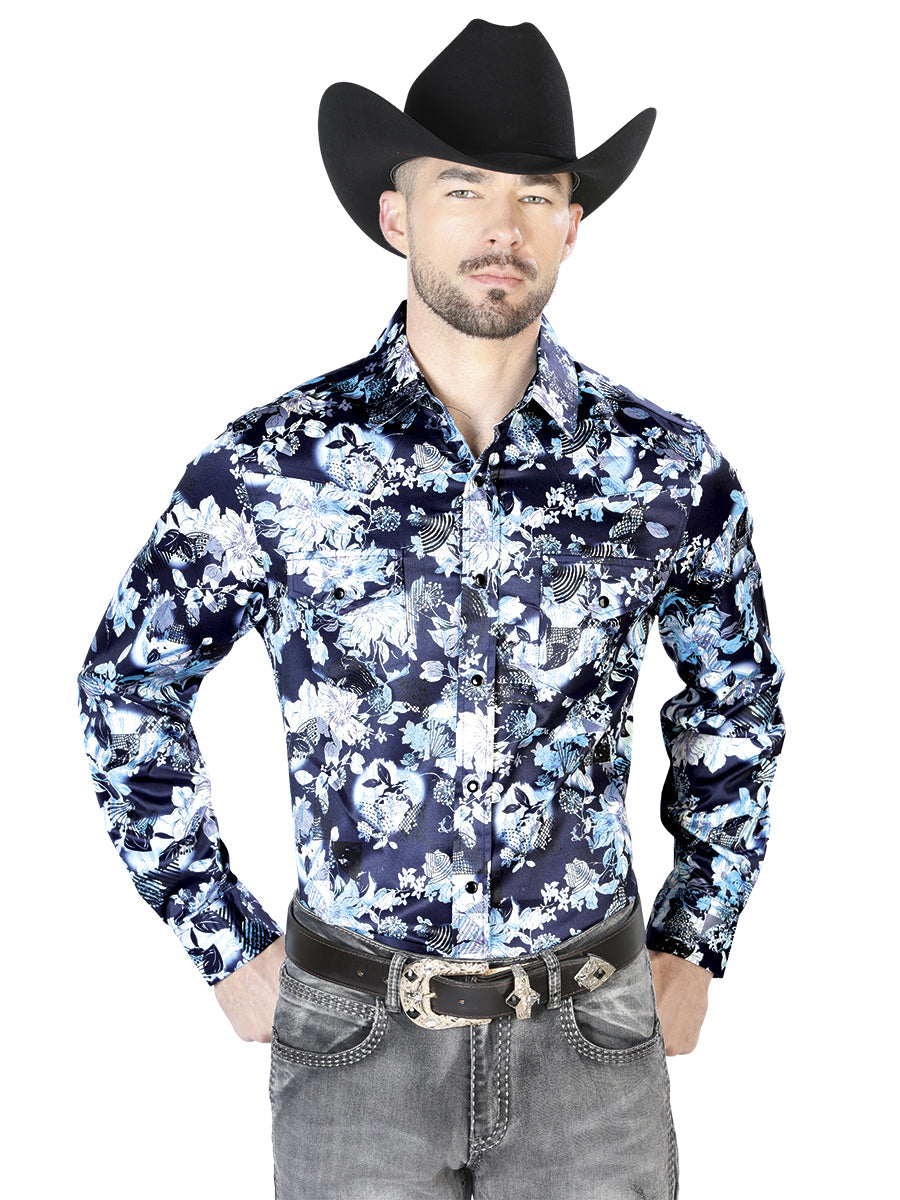 Camisa casual de manga larga con estampado de flores azules