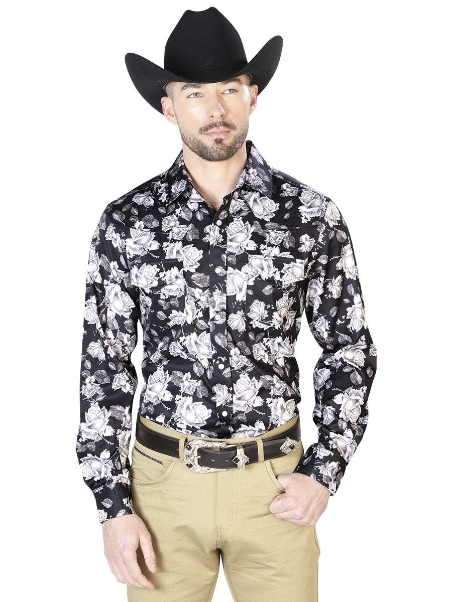 Camisa casual de manga larga con estampado de flores negras