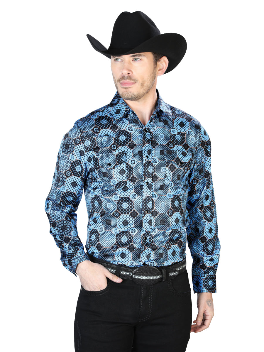 Camisa casual de manga larga con estampado azul