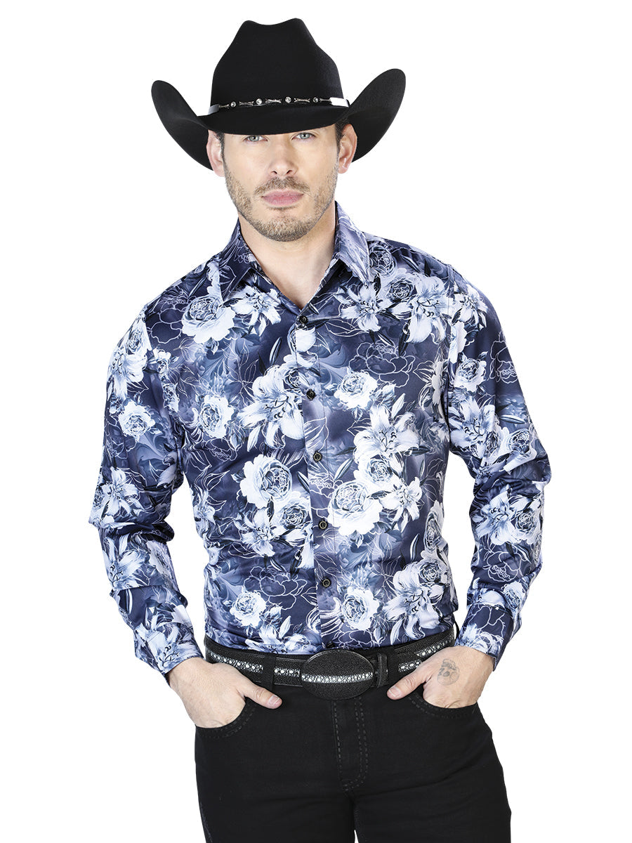 Camisa informal de manga larga con estampado floral azul marino