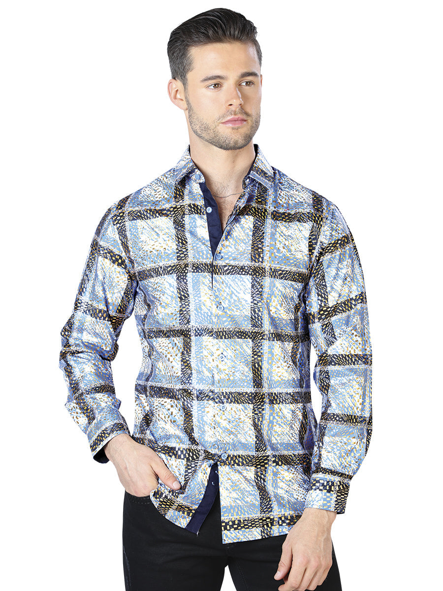 Camisa casual de manga larga azul y amarilla