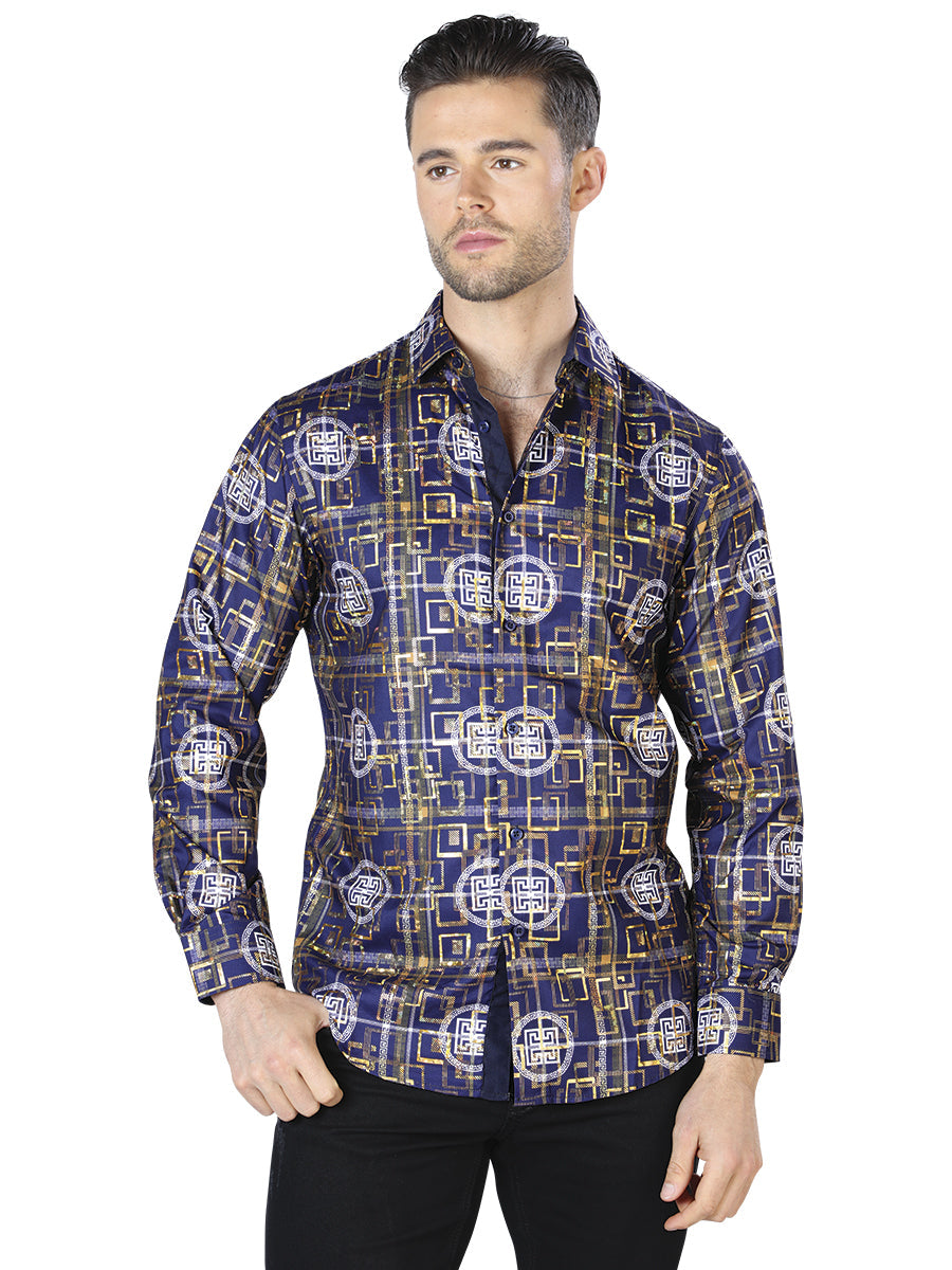 Camisa casual de manga larga azul marino y dorada