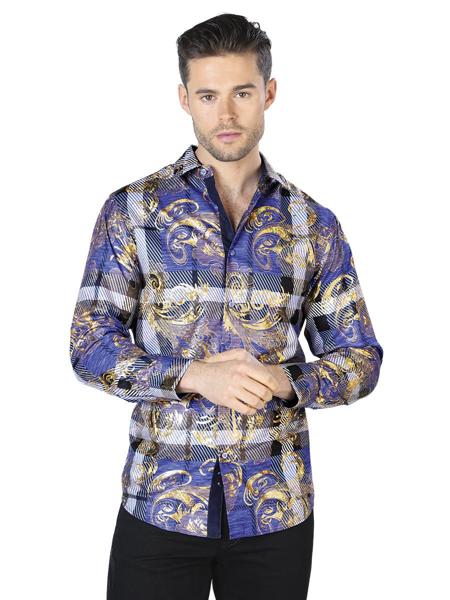 Camisa casual de manga larga con estampado azul dorado