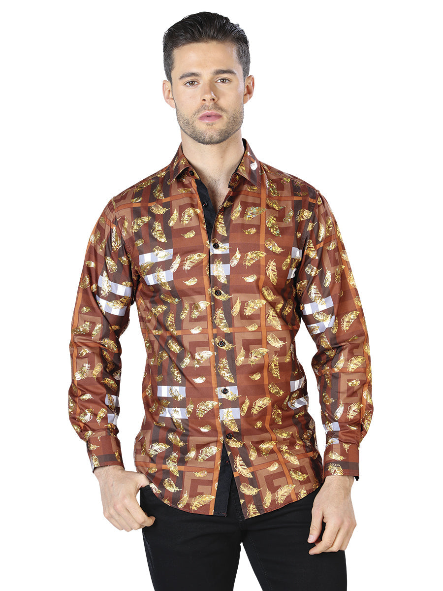 Camisa casual de manga larga marrón y dorada