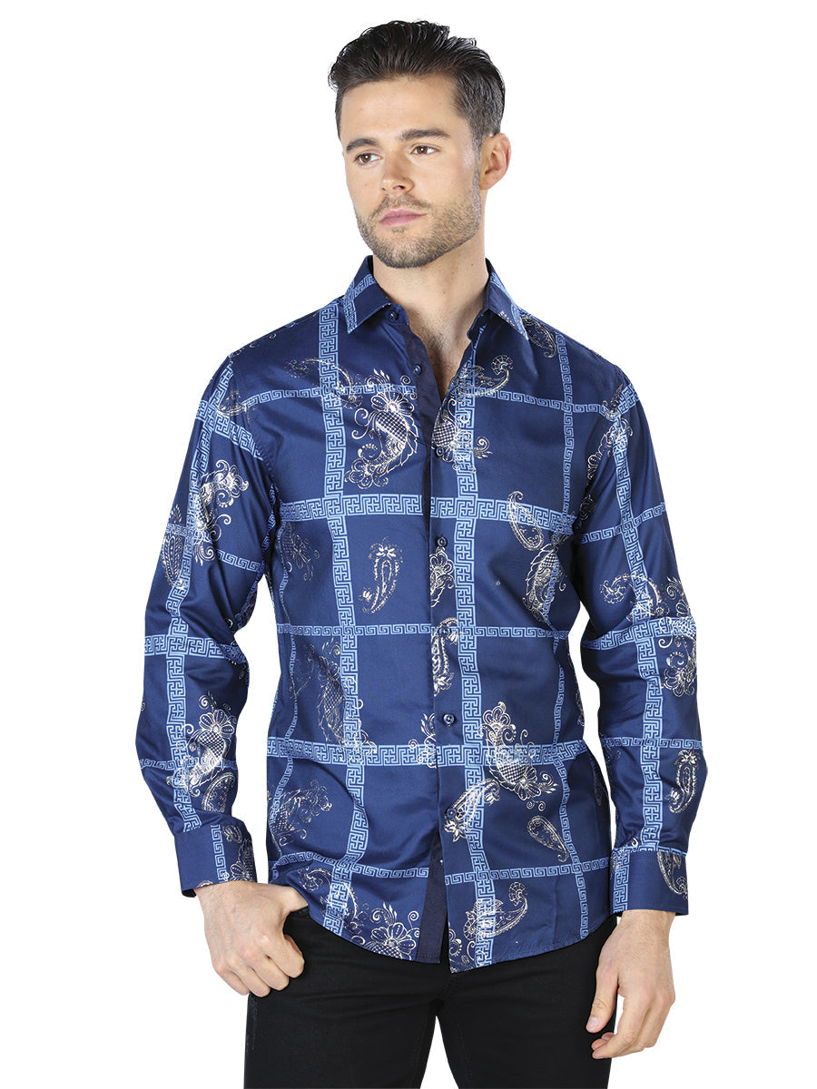 Camisa casual de manga larga azul marino y plateada
