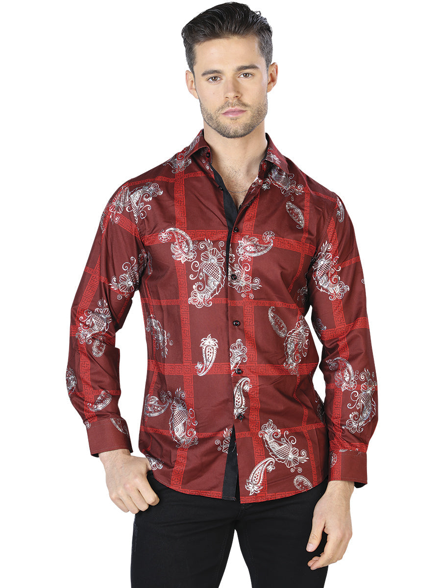 Camisa casual de manga larga color vino y plata