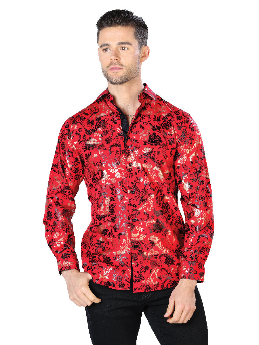 Camisa casual de manga larga roja y dorada