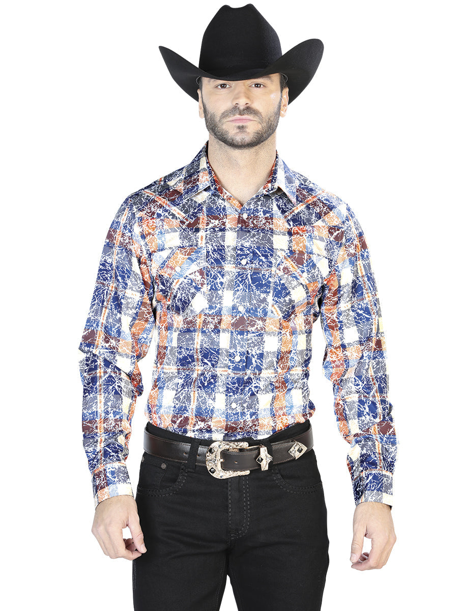 Camisa casual de manga larga azul y naranja