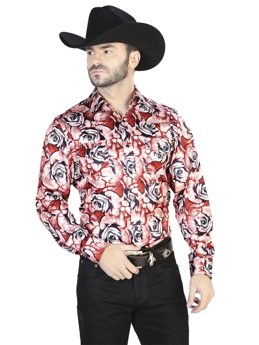 Camisa casual de manga larga roja con rosas