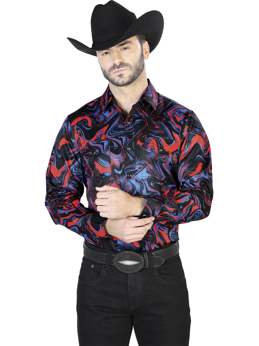 Camisa casual de manga larga azul y roja