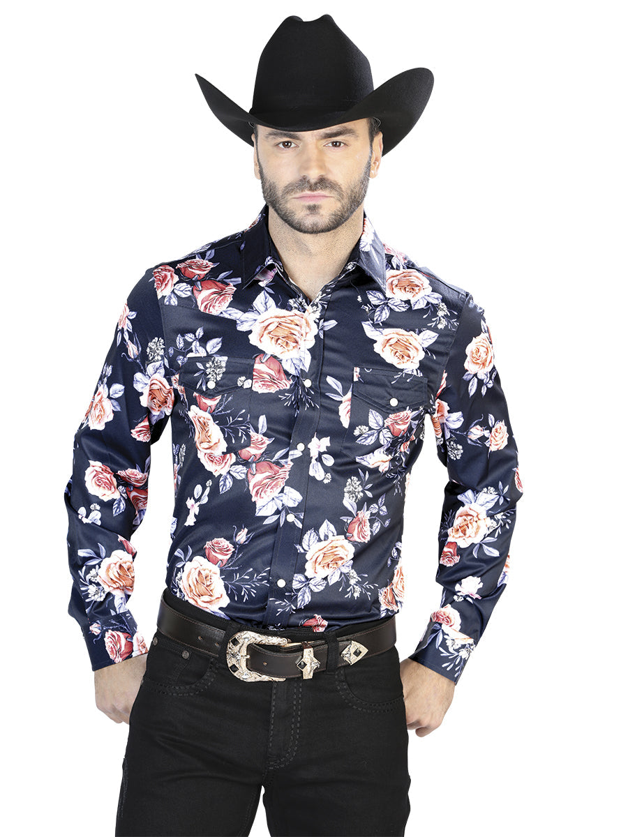 Camisa informal de manga larga azul marino/rosas