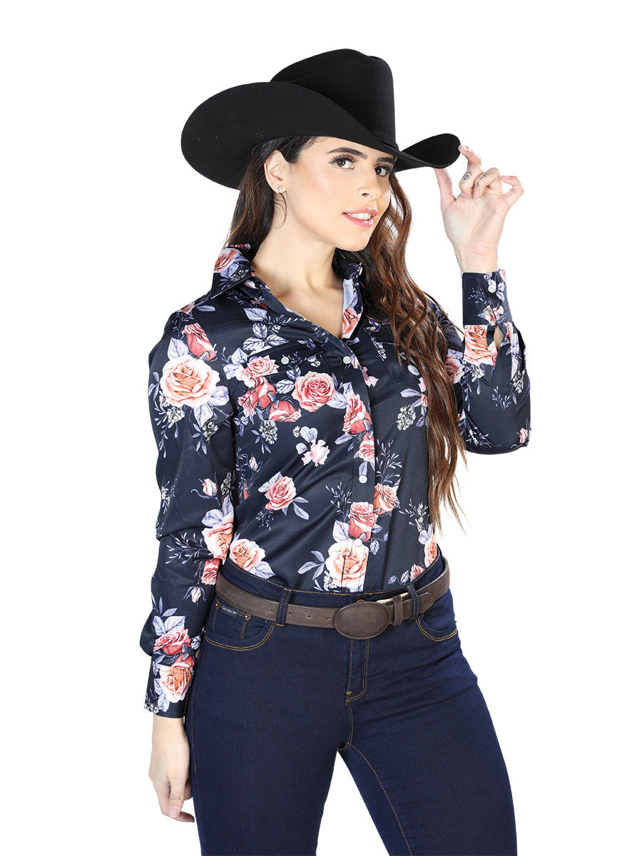 Camisa de manga larga con estampado de rosas azules
