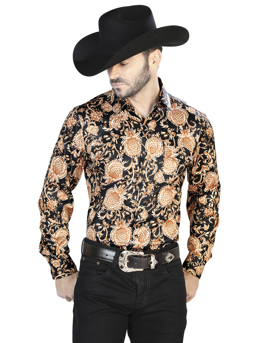 Camisa casual de manga larga dorada y negra