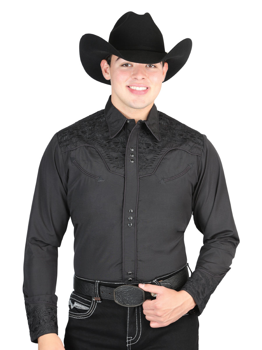 Camisa Bordada El Señor De Los Cielos Negro/Negro