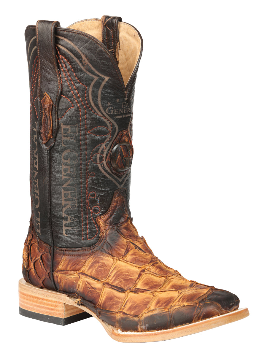 Botas vaqueras de rodeo El General para hombre, diseño de pez monstruo exótico, color coñac