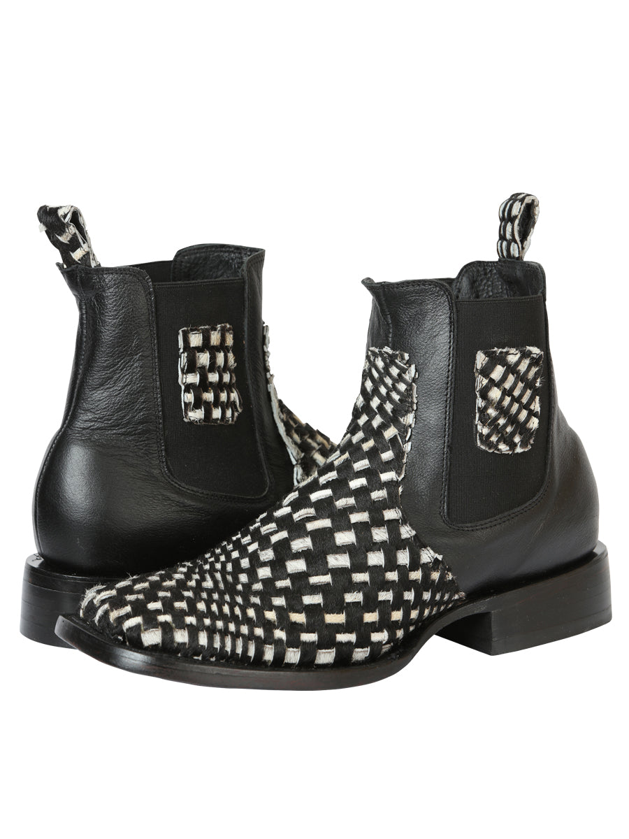 El General Men's Rodeo Ankle Boots Woven Hair-On Leather Black/White