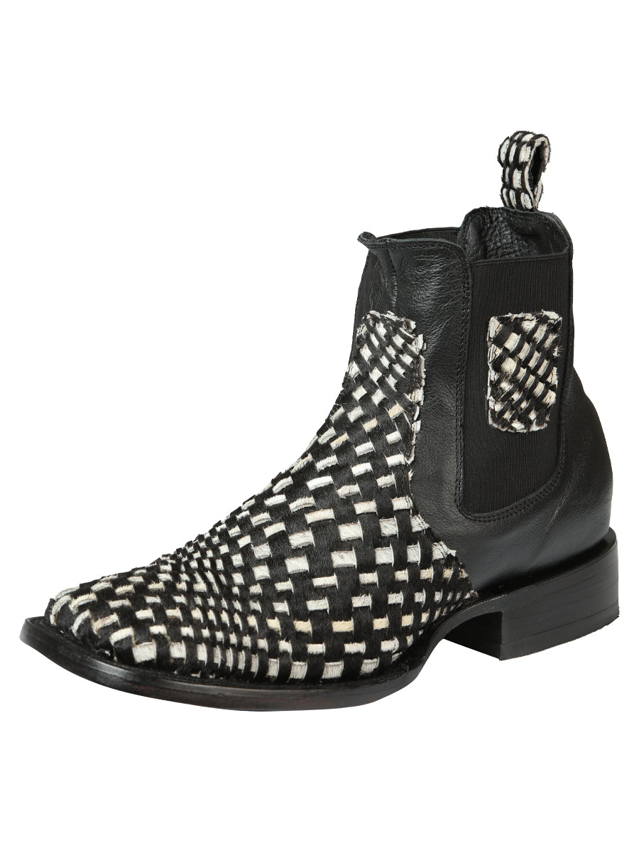 El General Men's Rodeo Ankle Boots Woven Hair-On Leather - Black/White