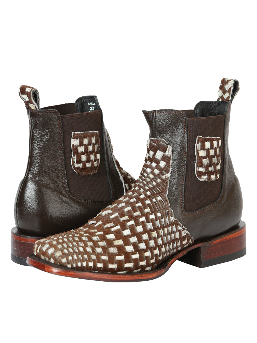 El General Men's Rodeo Ankle Boots Woven Hair-On Leather Brown/White