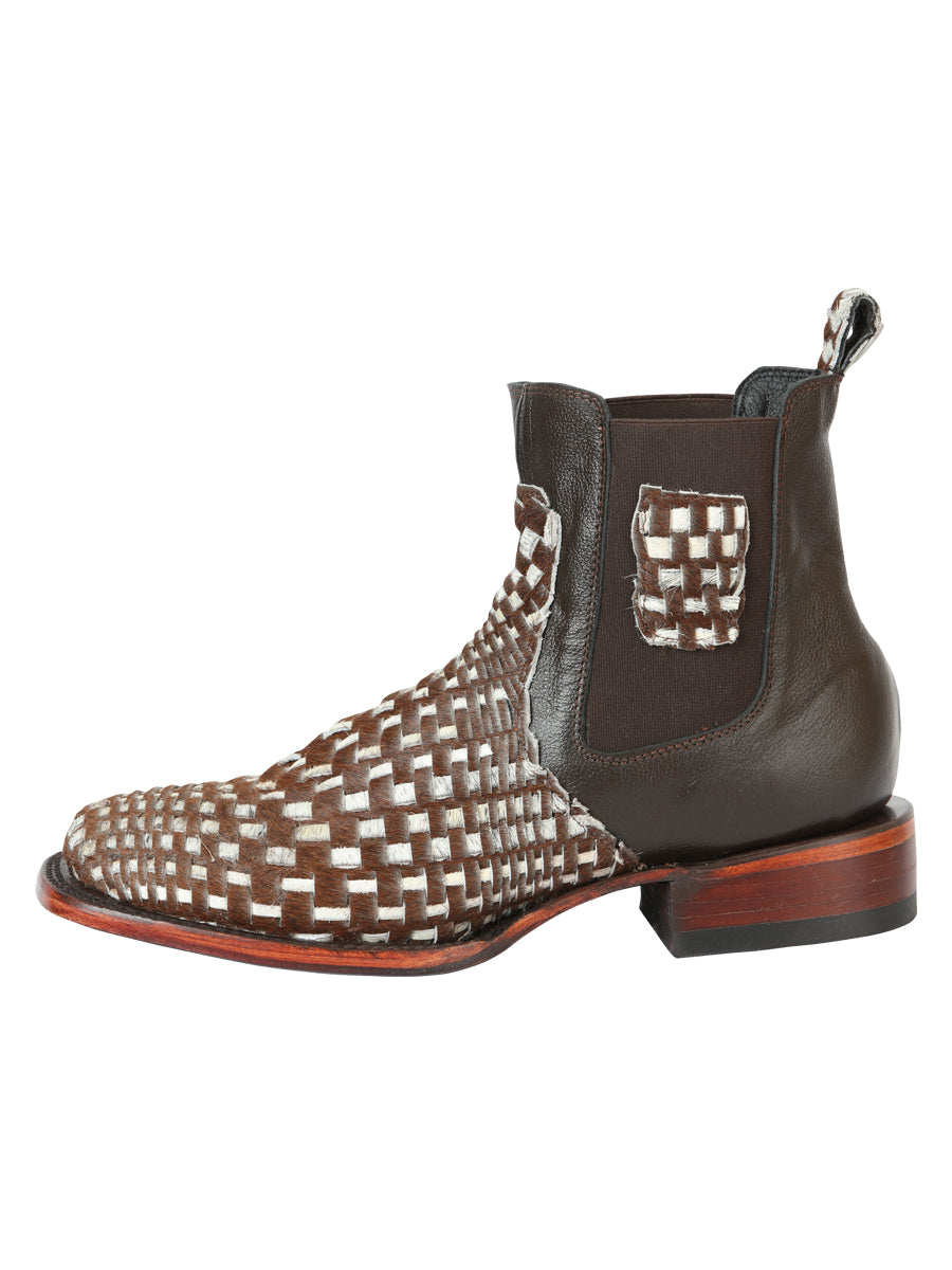 El General Men's Rodeo Ankle Boots Woven Hair-On Leather Brown/White