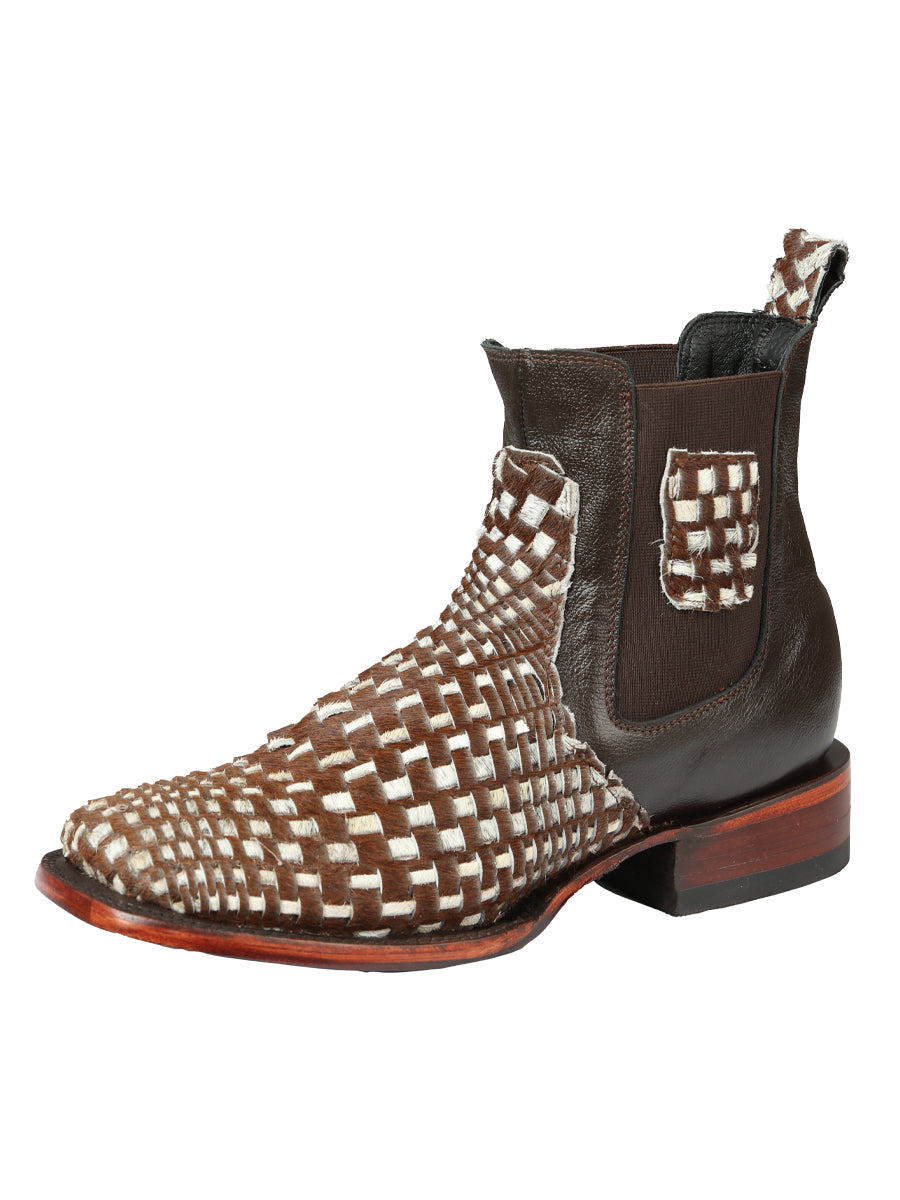El General Men's Rodeo Ankle Boots Woven Hair-On Leather - Brown/White
