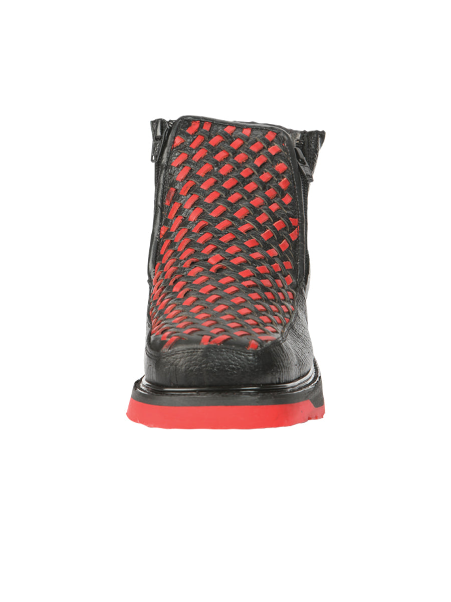 El General Men's Ankle Boots with Zipper Black/Red Petatillo Leather