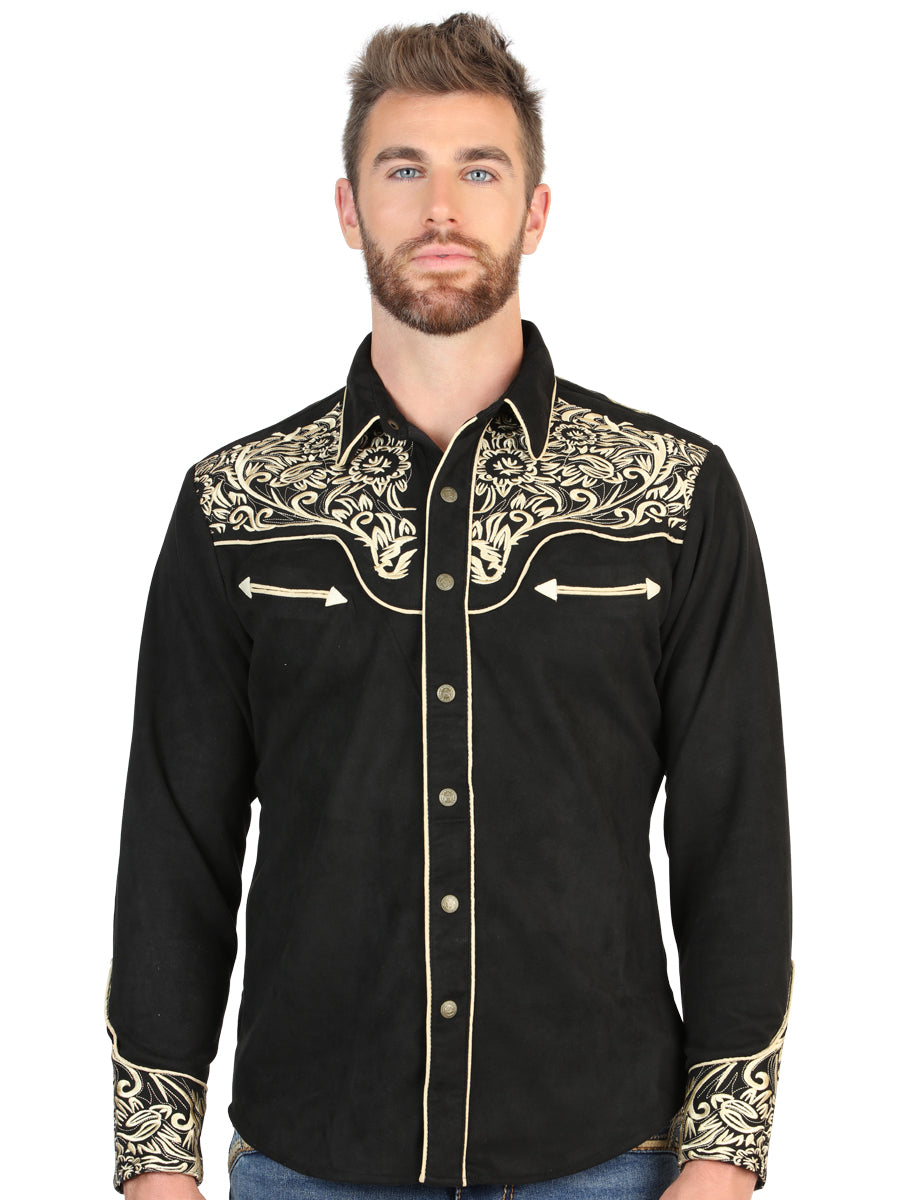 El General Men’s Slim Fit Long Sleeve Western Shirt - Black/Gold Embroidery