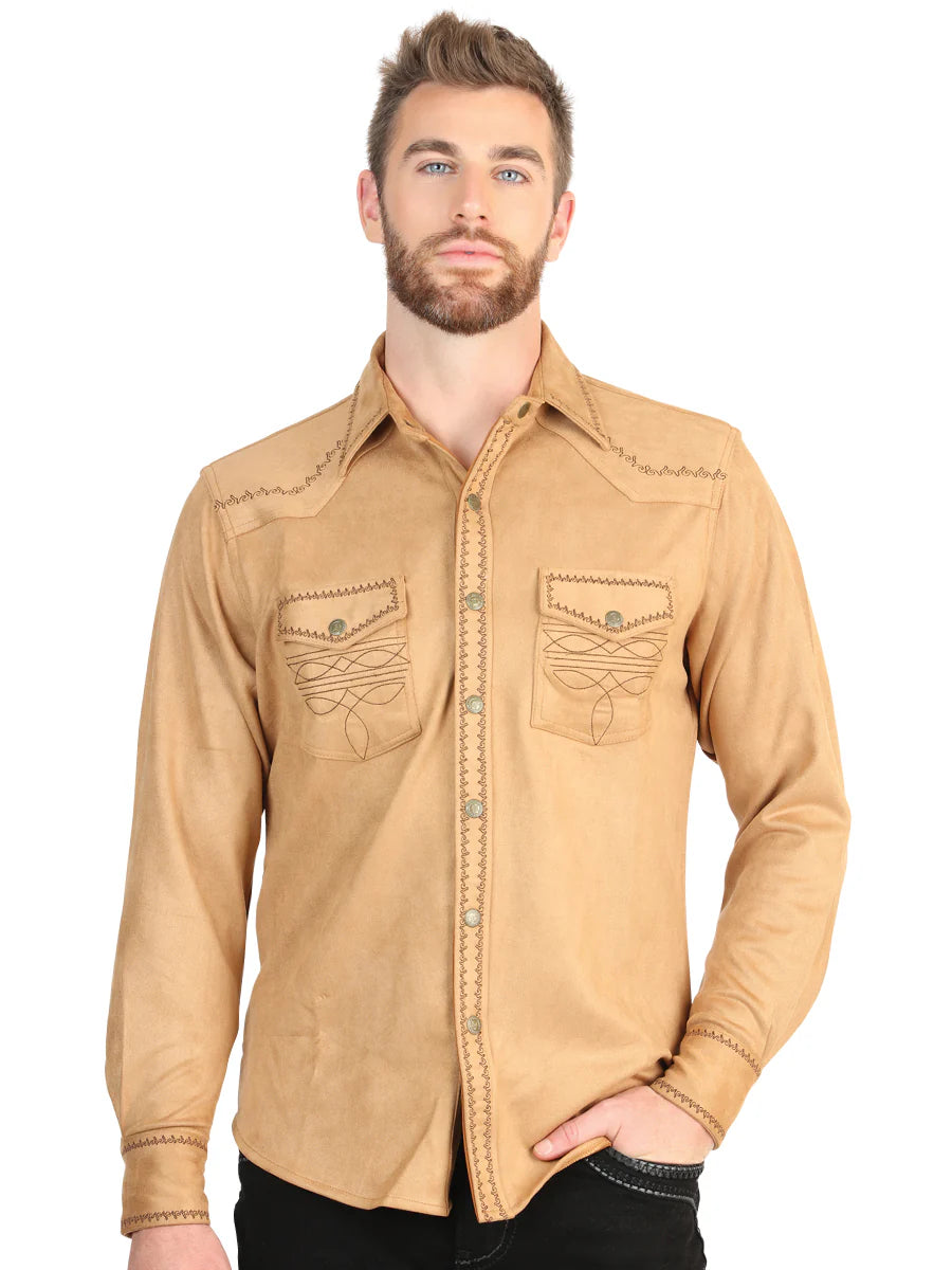 El General Men’s Slim Fit Long Sleeve Western Suede Shirt - Khaki