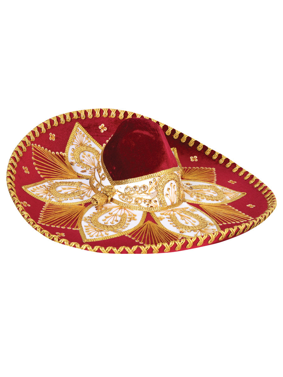 Sombrero de charro mexicano para adulto, terciopelo, color vino y dorado