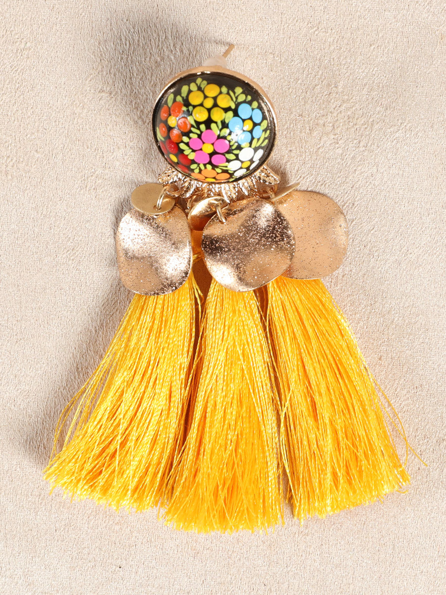 Artisanal Hand Painted Earrings Wood-Silk Thread Yellow