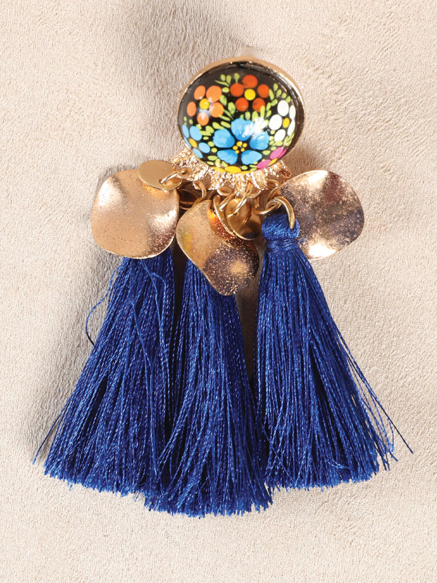 Artisanal Hand Painted Earrings Wood Silk Thread Royal Blue